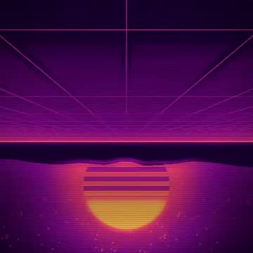 NEON PIER: A grid running into a sunset, scanlines on top